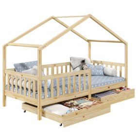 Lit cabane ELEA lit enfant simple montessori 90 x 190 cm, avec 2 tiroirs de rangement, en pin massif à la finition naturelle