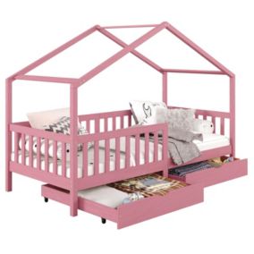 Lit cabane ELEA lit enfant simple montessori 90 x 190 cm, avec 2 tiroirs de rangement, en pin massif lasuré rose