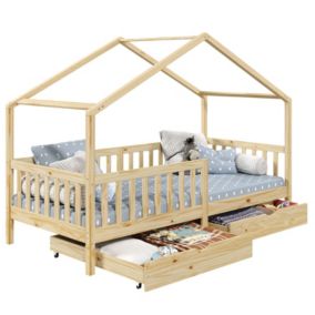 Lit cabane ELEA lit enfant simple montessori 90 x 200 cm, avec 2 tiroirs de rangement, en pin massif à la finition naturelle