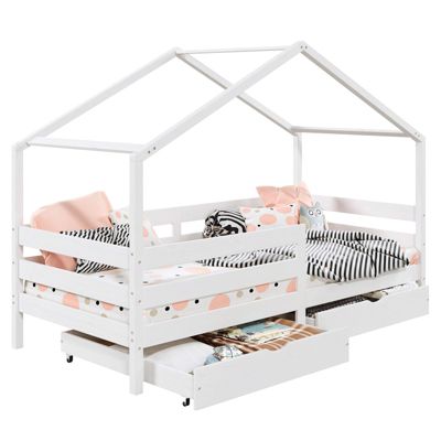 Lit cabane ENA avec tiroirs, 90 x 190 cm en pin massif lasuré blanc