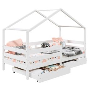 Lit cabane ENA lit enfant simple montessori 90 x 190 cm, avec 2 tiroirs de rangement, en pin massif lasuré blanc