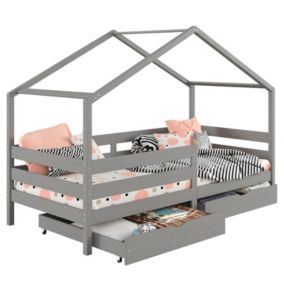 Lit cabane ENA lit enfant simple montessori 90 x 190 cm, avec 2 tiroirs de rangement, en pin massif lasuré gris