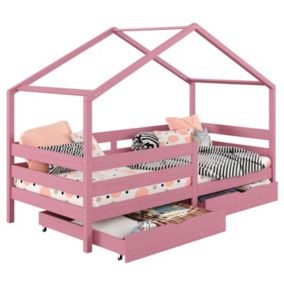 Lit cabane ENA lit enfant simple montessori 90 x 190 cm, avec 2 tiroirs de rangement, en pin massif lasuré rose