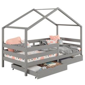 Lit cabane ENA lit enfant simple montessori 90 x 200 cm, avec 2 tiroirs de rangement, en pin massif lasuré gris