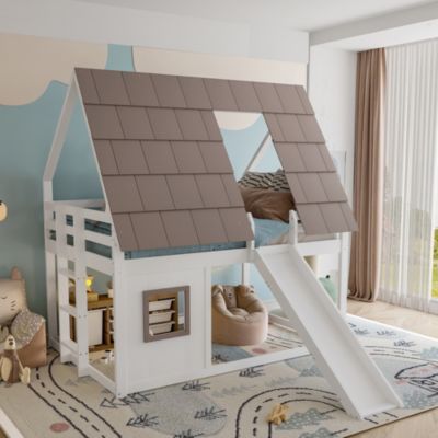 Lit cabane enfant 140x200 avec échelle et toboggan,lit superposé avec toit et fenêtre,cadre de lit duoble ,bois,blanc+marron