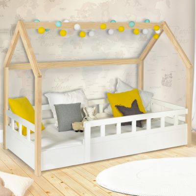 Lit cabane enfant 80 x 160 CM NEREE blanc et hêtre avec sommier et ...