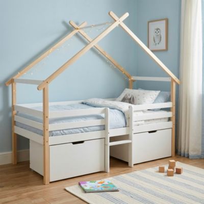 Lit cabane enfant 90 x 190 cm bois de pin blanc sommier à lattes inclus et 2 tiroirs - Sienna