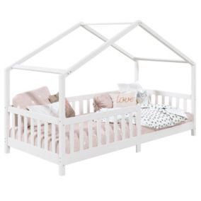 Lit cabane enfant 90x190 cm LISAN lit Simple montessori avec Barrières de Protection en Bois Massif lasuré blanc