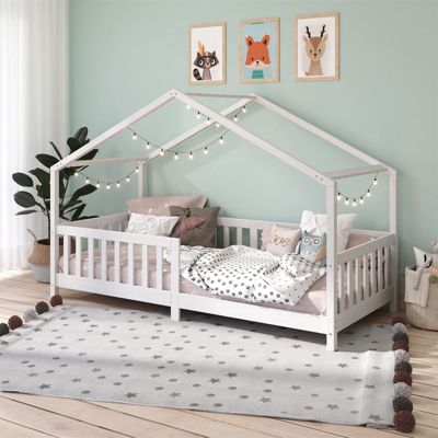 Lit cabane enfant 90x190 cm LISAN lit Simple montessori avec Barrières de Protection en Bois Massif lasuré blanc