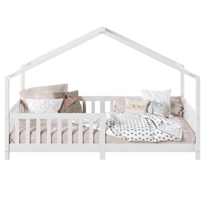 Lit cabane enfant 90x190 cm LISAN lit Simple montessori avec Barrières de Protection en Bois Massif lasuré blanc