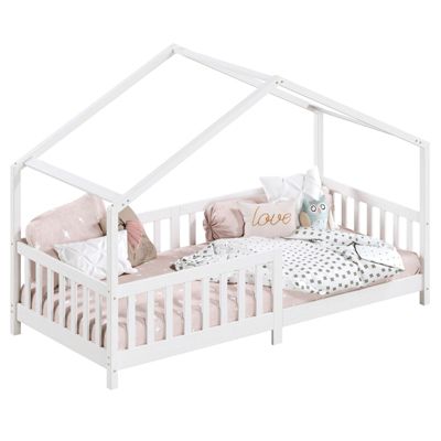 Lit cabane enfant 90x190 cm LISAN lit Simple montessori avec Barrières de Protection en Bois Massif lasuré blanc