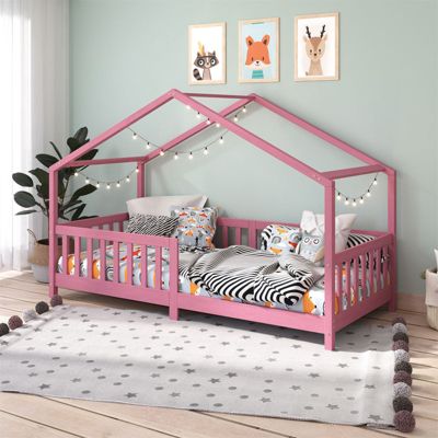 Lit cabane enfant 90x190 cm LISAN lit Simple montessori avec Barrières de Protection en Bois Massif lasuré rose