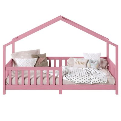 Lit cabane enfant 90x190 cm LISAN lit Simple montessori avec Barrières de Protection en Bois Massif lasuré rose