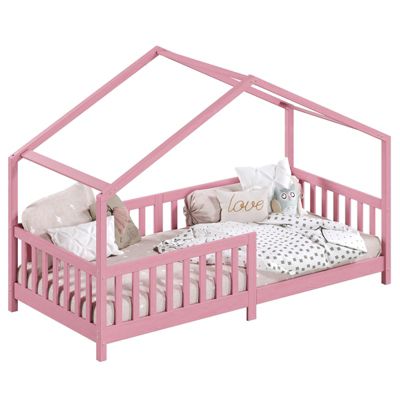 Lit cabane enfant 90x190 cm LISAN lit Simple montessori avec Barrières de Protection en Bois Massif lasuré rose