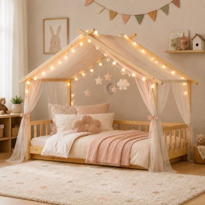 Lit cabane enfant 90x200 cm - Lit extensible avec grille et sommier à lattes - Pin - Sans matelas - Naturel