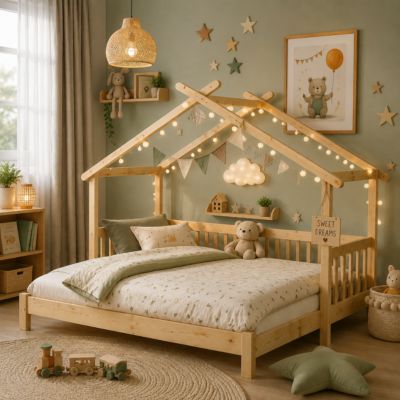 Lit cabane enfant 90x200 cm - Lit extensible avec grille et sommier à lattes - Pin - Sans matelas - Naturel