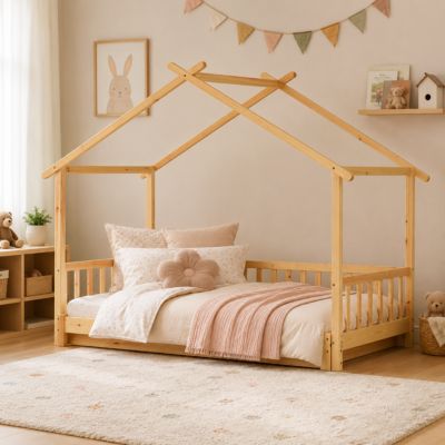 Lit cabane enfant 90x200 cm - Lit extensible avec grille et sommier à lattes - Pin - Sans matelas - Naturel
