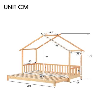 Lit cabane enfant 90x200 cm - Lit extensible avec grille et sommier à lattes - Pin - Sans matelas - Naturel