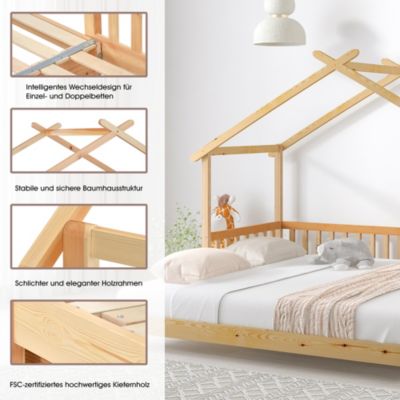 Lit cabane enfant 90x200 cm - Lit extensible avec grille et sommier à lattes - Pin - Sans matelas - Naturel