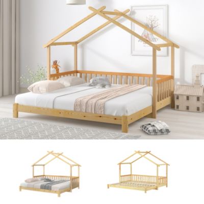 Lit cabane enfant 90x200 cm - Lit extensible avec grille et sommier à lattes - Pin - Sans matelas - Naturel