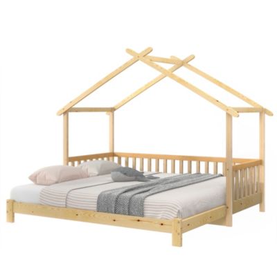 Lit cabane enfant 90x200 cm - Lit extensible avec grille et sommier à lattes - Pin - Sans matelas - Naturel