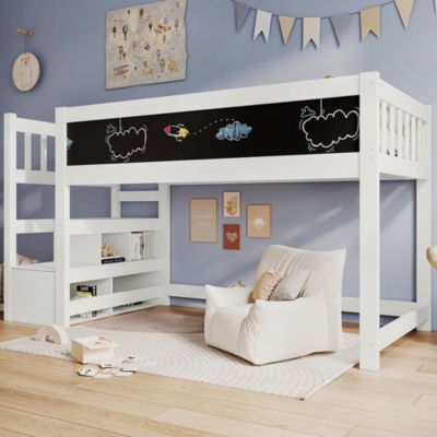 Lit cabane enfant,90x200cm,Blanc,surélevé avec protection chutes