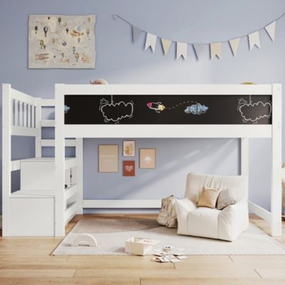 Lit cabane enfant,90x200cm,Blanc,surélevé avec protection chutes