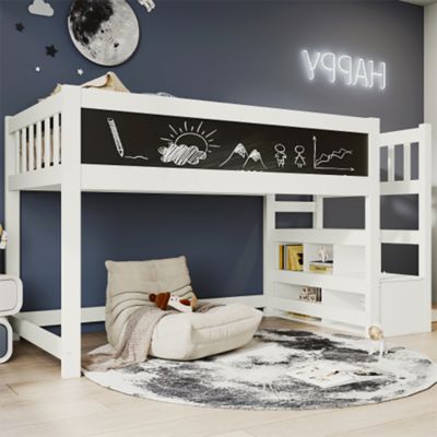 Lit cabane enfant,90x200cm,Blanc,surélevé avec protection chutes