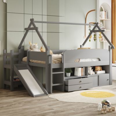 Lit cabane enfant 90x200cm - toboggan - 2 tiroirs - barrières de sécurité - gris (matelas non inclus)