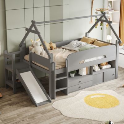 Lit cabane enfant 90x200cm - toboggan - 2 tiroirs - barrières de sécurité - gris (matelas non inclus)