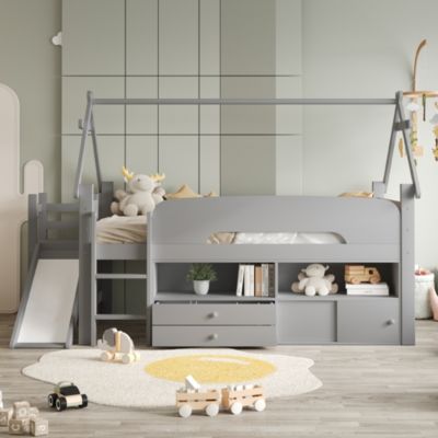 Lit cabane enfant 90x200cm - toboggan - 2 tiroirs - barrières de sécurité - gris (matelas non inclus)