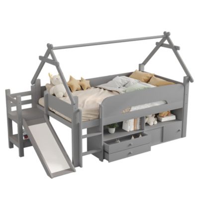 Lit cabane enfant 90x200cm - toboggan - 2 tiroirs - barrières de sécurité - gris (matelas non inclus)