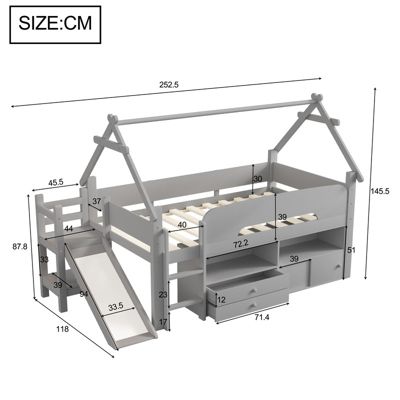 Lit cabane enfant 90x200cm - toboggan - 2 tiroirs - barrières de sécurité - gris (matelas non inclus)
