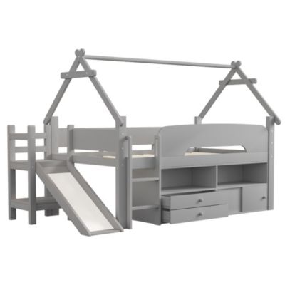 Lit cabane enfant 90x200cm - toboggan - 2 tiroirs - barrières de sécurité - gris (matelas non inclus)