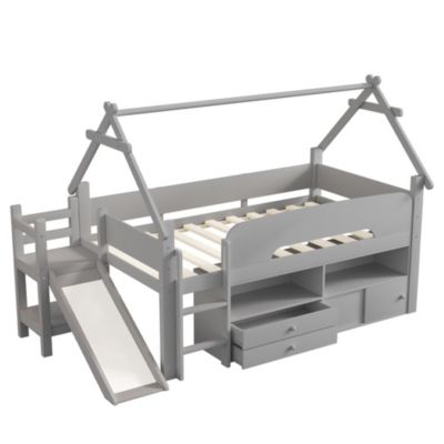 Lit cabane enfant 90x200cm - toboggan - 2 tiroirs - barrières de sécurité - gris (matelas non inclus)