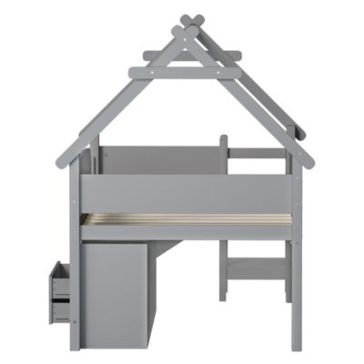 Lit cabane enfant 90x200cm - toboggan - 2 tiroirs - barrières de sécurité - gris (matelas non inclus)