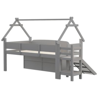 Lit cabane enfant 90x200cm - toboggan - 2 tiroirs - barrières de sécurité - gris (matelas non inclus)
