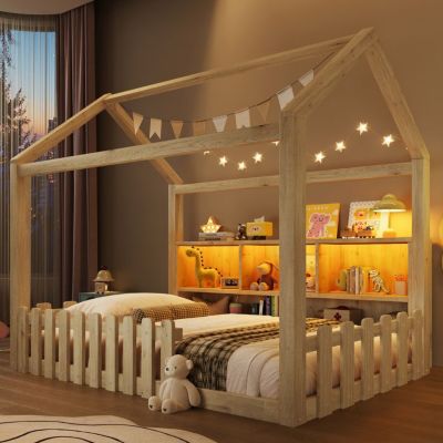 Lit cabane enfant avec LED - Rangement tête de lit - Naturel - 90x190 cm