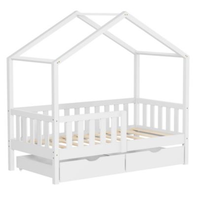 Lit cabane 2x90x200 cm, lit enfant avec toit, cadre en bois de pin, sommier à lattes, blanc