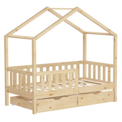 Lit cabane enfant ML-Design 70x140cm naturel en bois massif avec antichute toit et sommier à lattes