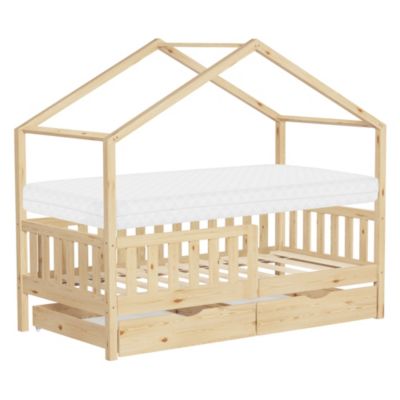 Lit cabane enfant ML-Design 80x160cm naturel avec matelas 2 tiroirs antichute toit sommier à lattes