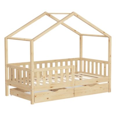 Lit cabane enfant ML-Design 80x160cm naturel en bois massif avec antichute toit et sommier à lattes