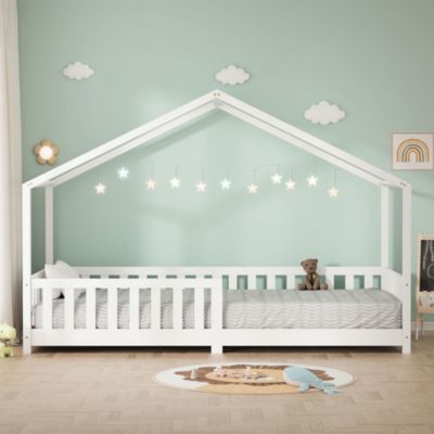 Lit 90x200 Enfant Lit Cabane Montessori 90x200 Cm Avec Barrière - Blanc - En Bois De Pin Massif Lit Maison Bois