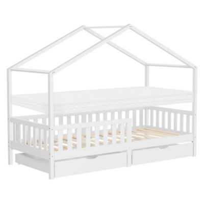 Lit cabane enfant ML-Design 90x200cm blanc avec matelas H10 tiroirs antichute toit sommier à latte