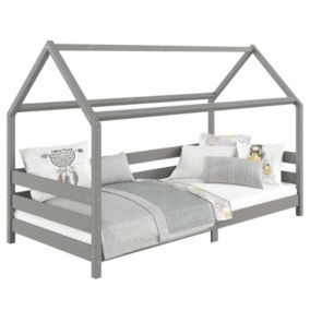 Lit cabane FINA lit simple pour enfant montessori 90 x 190 cm, avec barrières de protection sur 3 côtés, en pin massif lasuré gris