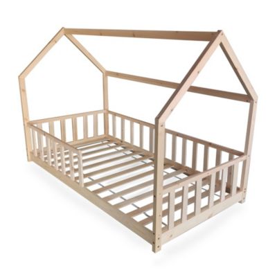 Lit cabane Kiwi 90x190 + 1 sommier + barrière /Bois clair