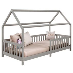 Lit cabane NINA lit enfant simple montessori en bois 90 x 190 cm, en pin massif lasuré gris