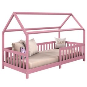 Lit cabane NINA lit enfant simple montessori en bois 90 x 190 cm, en pin massif lasuré rose