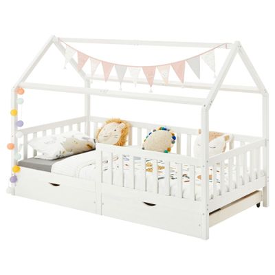 Lit cabane NUNA avec tiroirs, 90 x 200 cm en pin massif lasuré blanc