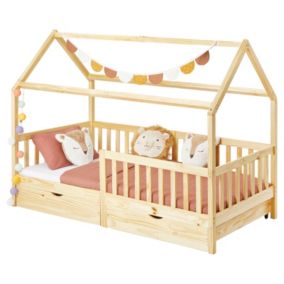 Lit cabane NUNA lit enfant simple montessori en bois 90 x 190 cm, avec rangement 2 tiroirs, en pin massif finition naturelle